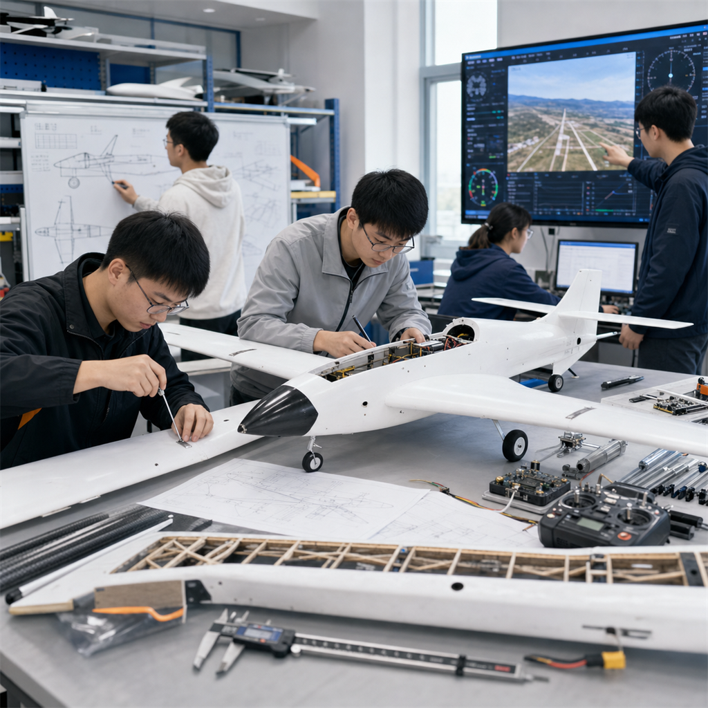 定制固定翼无人机模型设计制作试飞服务,展示固定翼样机、CAD 图纸、机翼结构和成功试飞场景