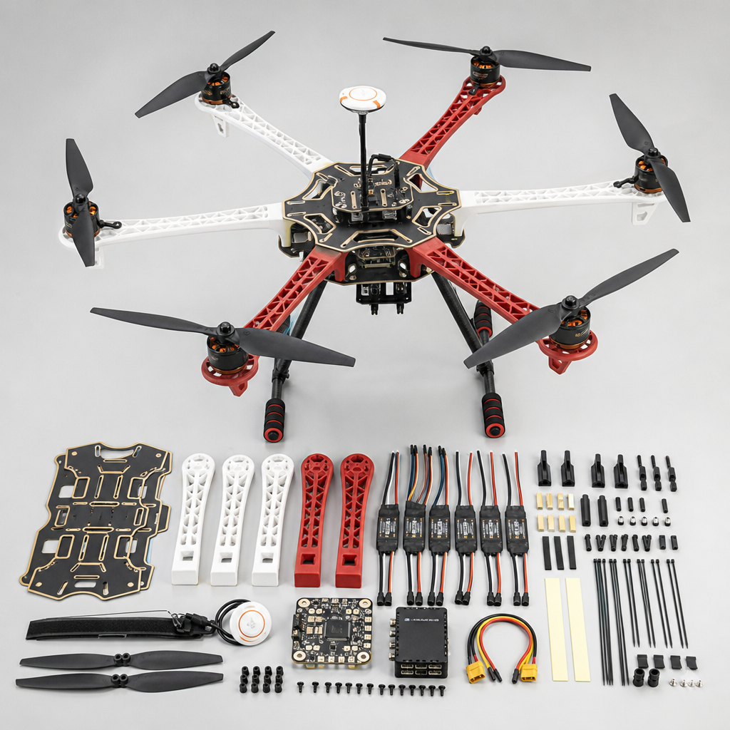 F550 六轴开源无人机 DIY 套件,550mm 级六旋翼机架、六组动力、开源飞控、GPS 和起落架组件