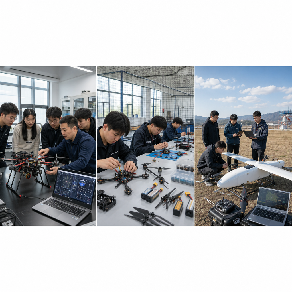 高校无人机课程场景,老师和学生围绕 PX4 多旋翼无人机、飞控电脑和实验台开展课堂教学