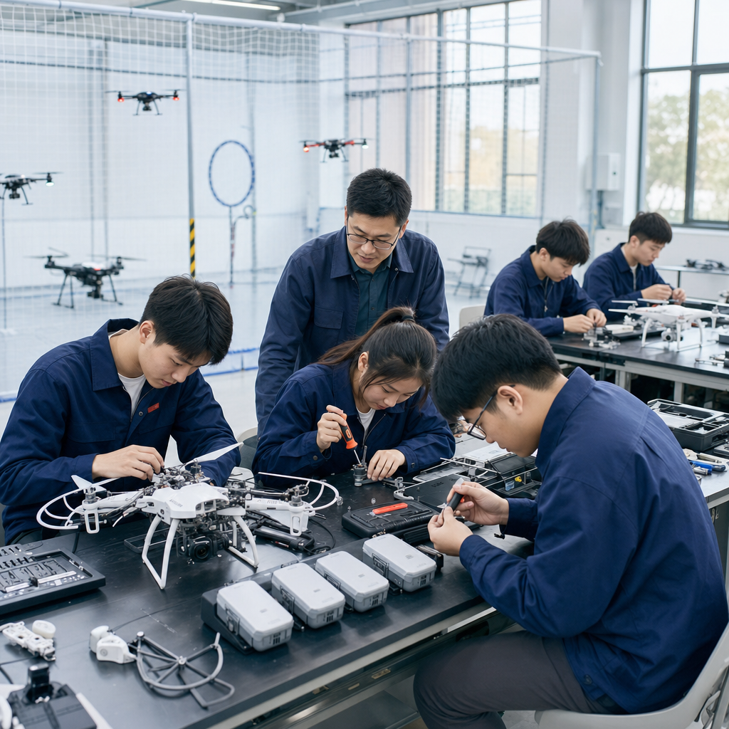 职业院校无人机实训场景,学生在安全网飞行区旁进行四旋翼装调、维修和电池工具管理