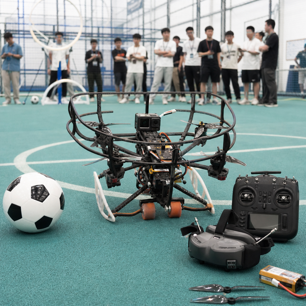 足球无人机竞技套件,带全包围防撞框的小型四旋翼足球无人机、FPV 眼镜、遥控器和足球赛场