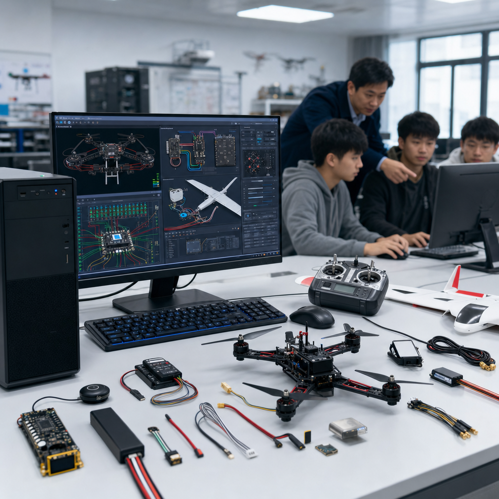 四旋翼固定翼组装调试虚拟仿真教学实验室系统,电脑运行无人机接线、原理图和调试仿真软件,桌面展示飞控与无人机部件